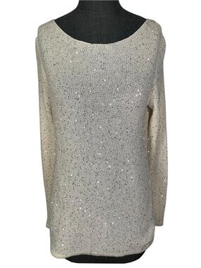 Eileen Fisher white/silver Sequin knit Lightweight Scoop Neck Top